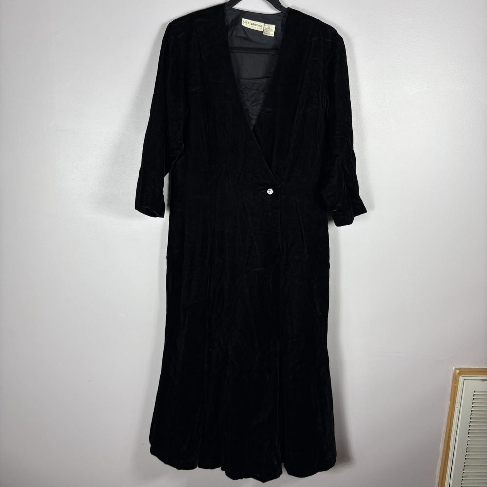 LIz Claiborne 12 Black Velvet 3/4 Sleeve V Neck Modesty Panel A Line Dress VTG